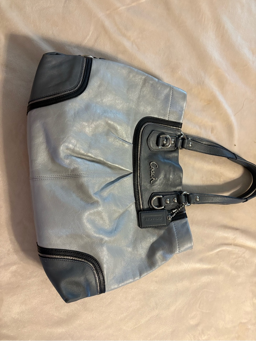 Coach Two-Tone Leather Shoulder Bag in Light Gray and Black